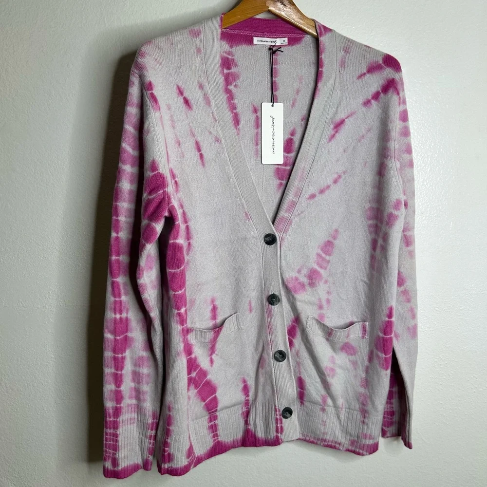 NWT Unsubscribed 100% Cashmere Pink Tie Dye Button Down Boyfriend Cardigan